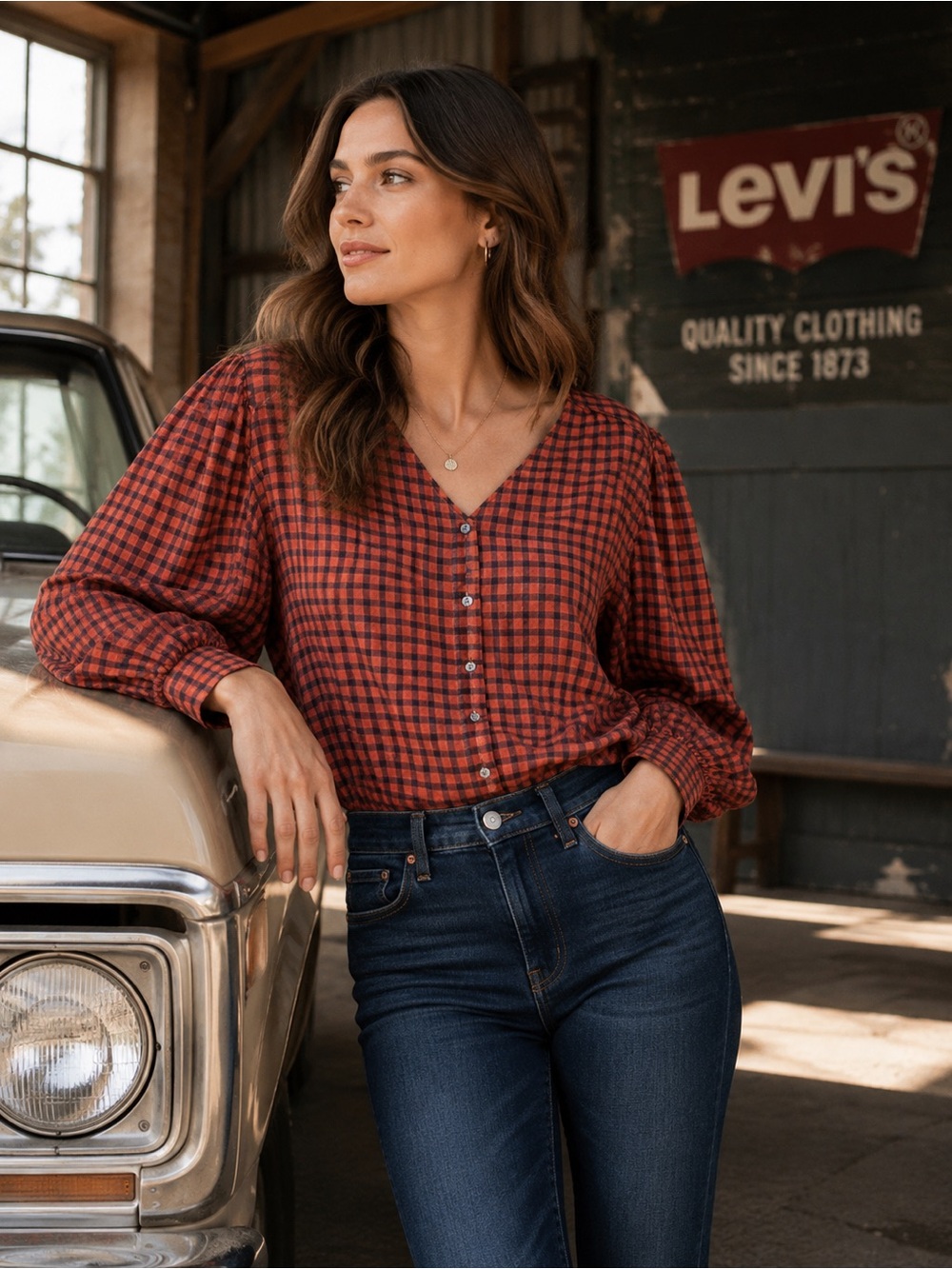NWT LEVI’S Satin Plaid Kit Blouse V-neck LS Button Up Collarless Roomy Sz XL‎